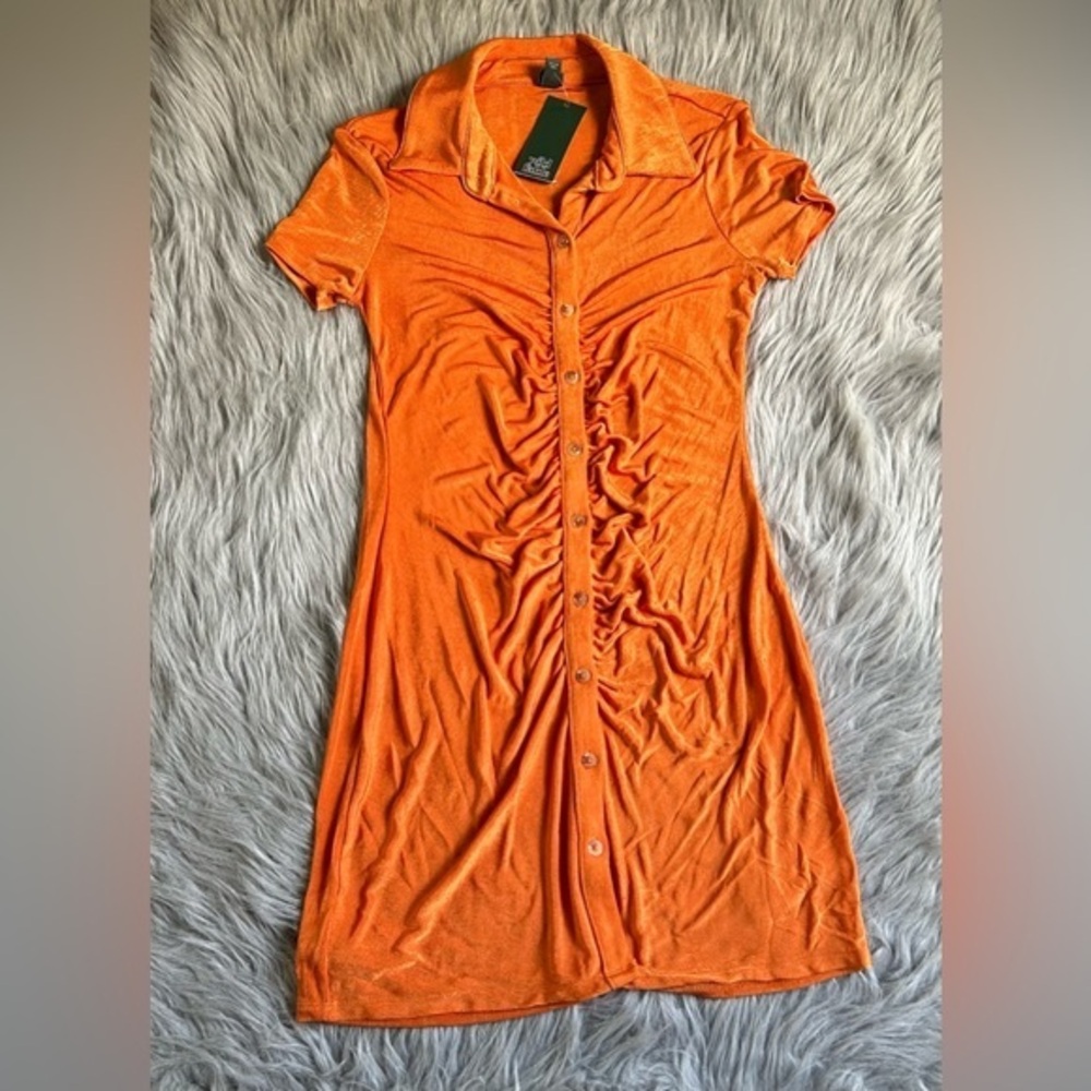 Wild Fable Orange Bodycon Dress Womens Size Small‎ Collared Button Down Stretchy